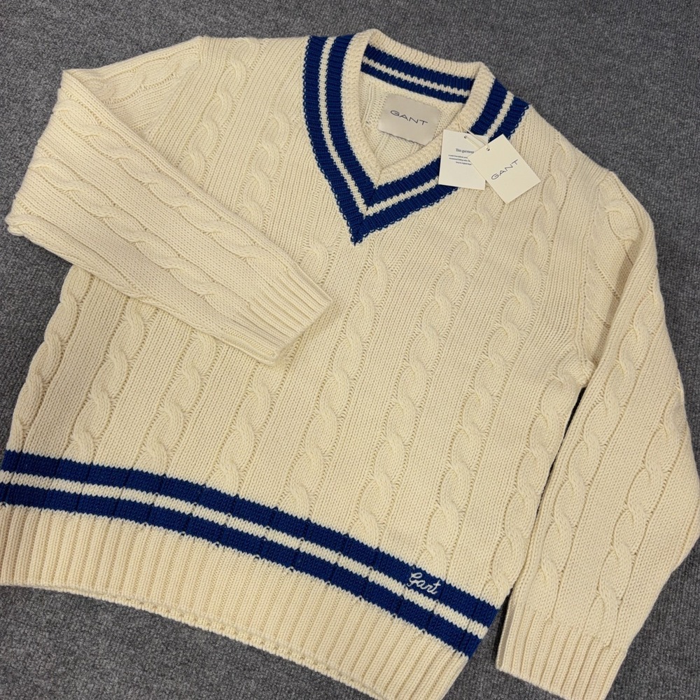 GANT Tennis Sweater Men XL Cream Off-White Blue Cable Knit Stripe Wool NEW